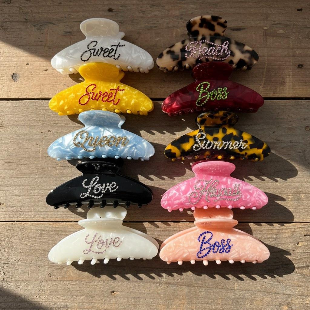 โลโก้ที่กำหนดเองบุคลิกภาพ Rhinestones สีสัน Acetate คลิปกรงเล็บผมสำหรับเด็กผู้หญิง