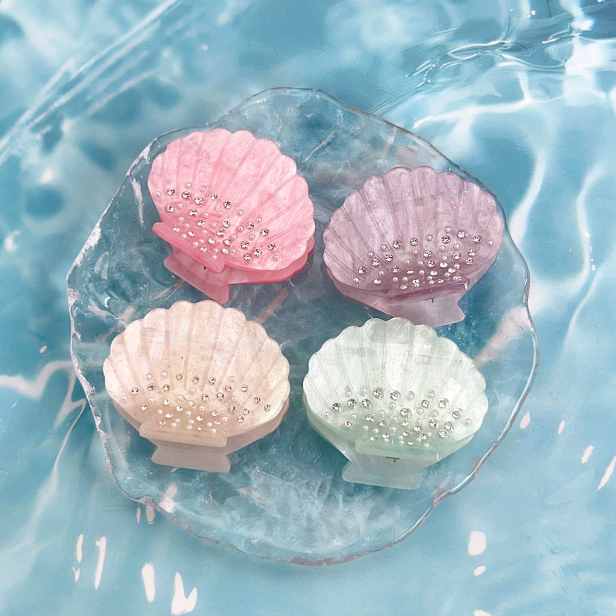 Glitter คริสตัล Rhinestone สีขาว Acetate ผม Claw Sea Shell เครื่องประดับผมขนาดเล็ก Claw คลิปอุปกรณ์เสริมผมสำหรับผู้หญิง