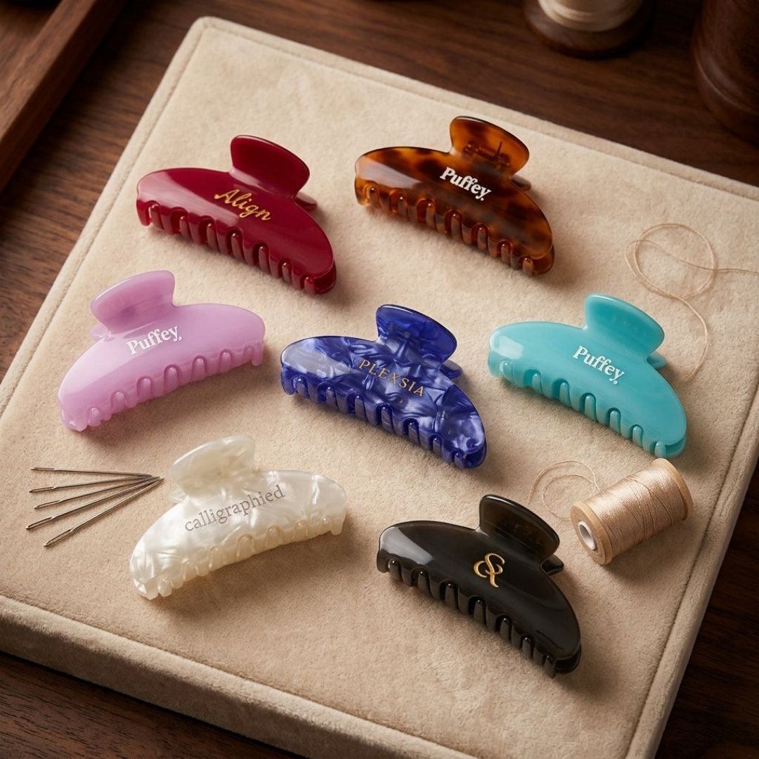 สุภาพสตรีฉลากส่วนตัวที่กำหนดเองเลเซอร์แกะสลักโลโก้ Acetate ผม Claw ขนาดที่กำหนดเองสีเซลลูโลส Acetate คลิปผมสำหรับผู้หญิงหญิง